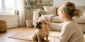 Bouledogue Francese e bambini: come funziona la convivenza Bambina che accarezza un Bouledogue Francese fawn seduto sul tappeto del salotto