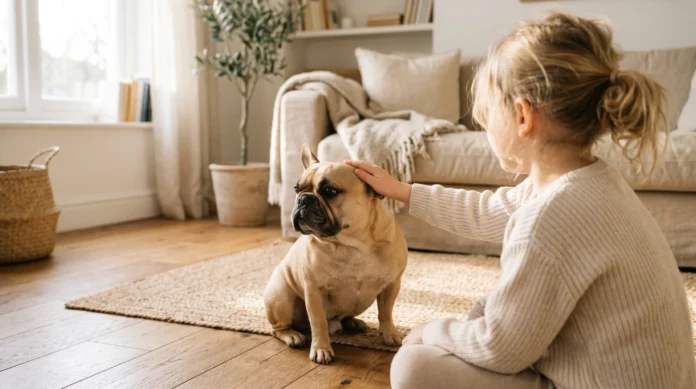 Bambina che accarezza un Bouledogue Francese fawn seduto sul tappeto del salotto