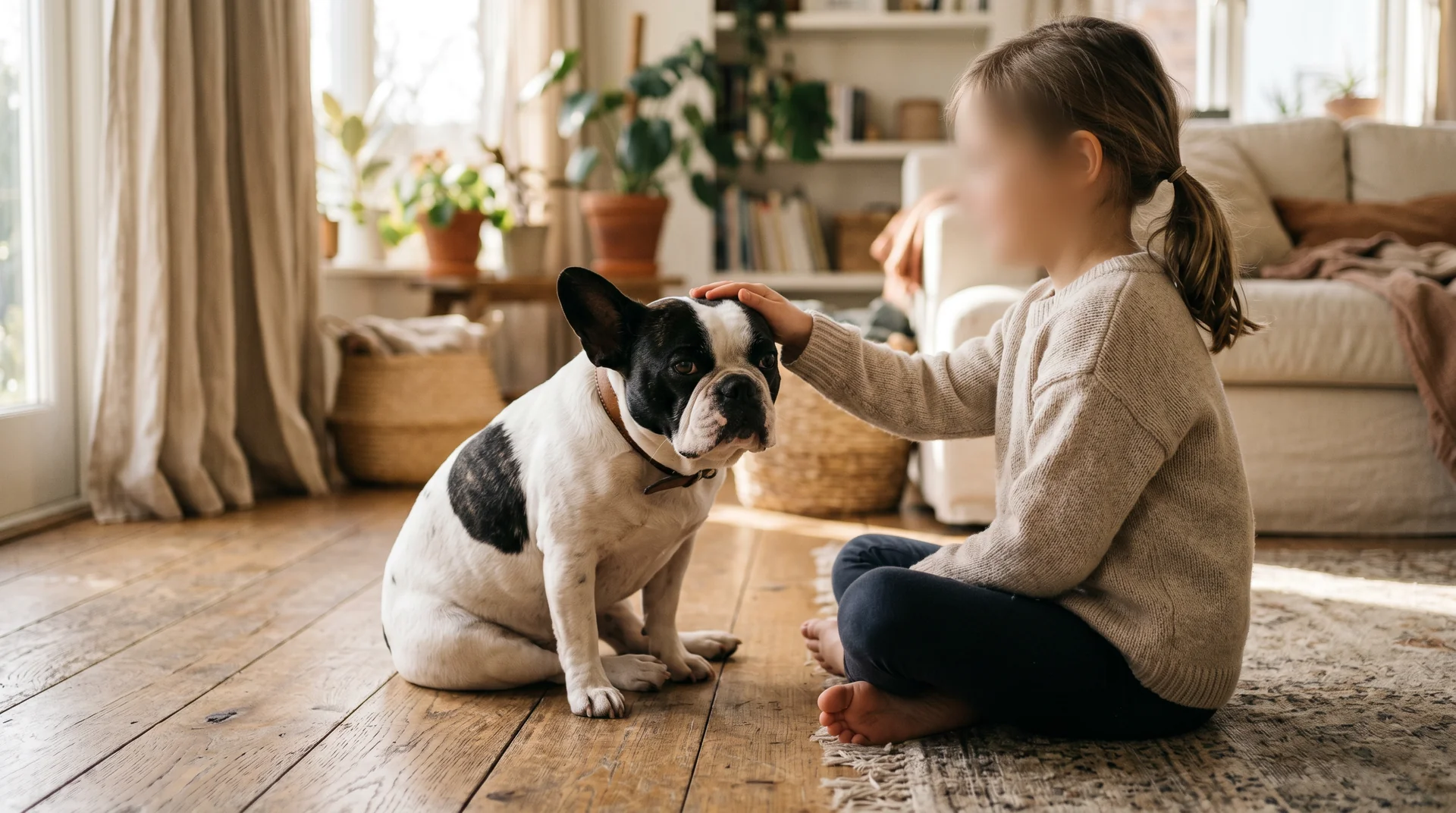 Bambina che gioca con un Bouledogue Francese pied (bianco e nero) sul pavimento di casa