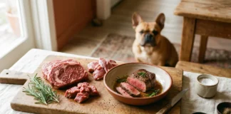 Carni rosse per il Bouledogue Francese: quali sì, quali no Tagliere con carne di manzo, vitello e agnello accanto a un Bouledogue Francese fawn