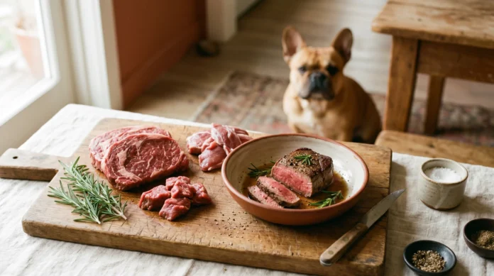 Tagliere con carne di manzo, vitello e agnello accanto a un Bouledogue Francese fawn