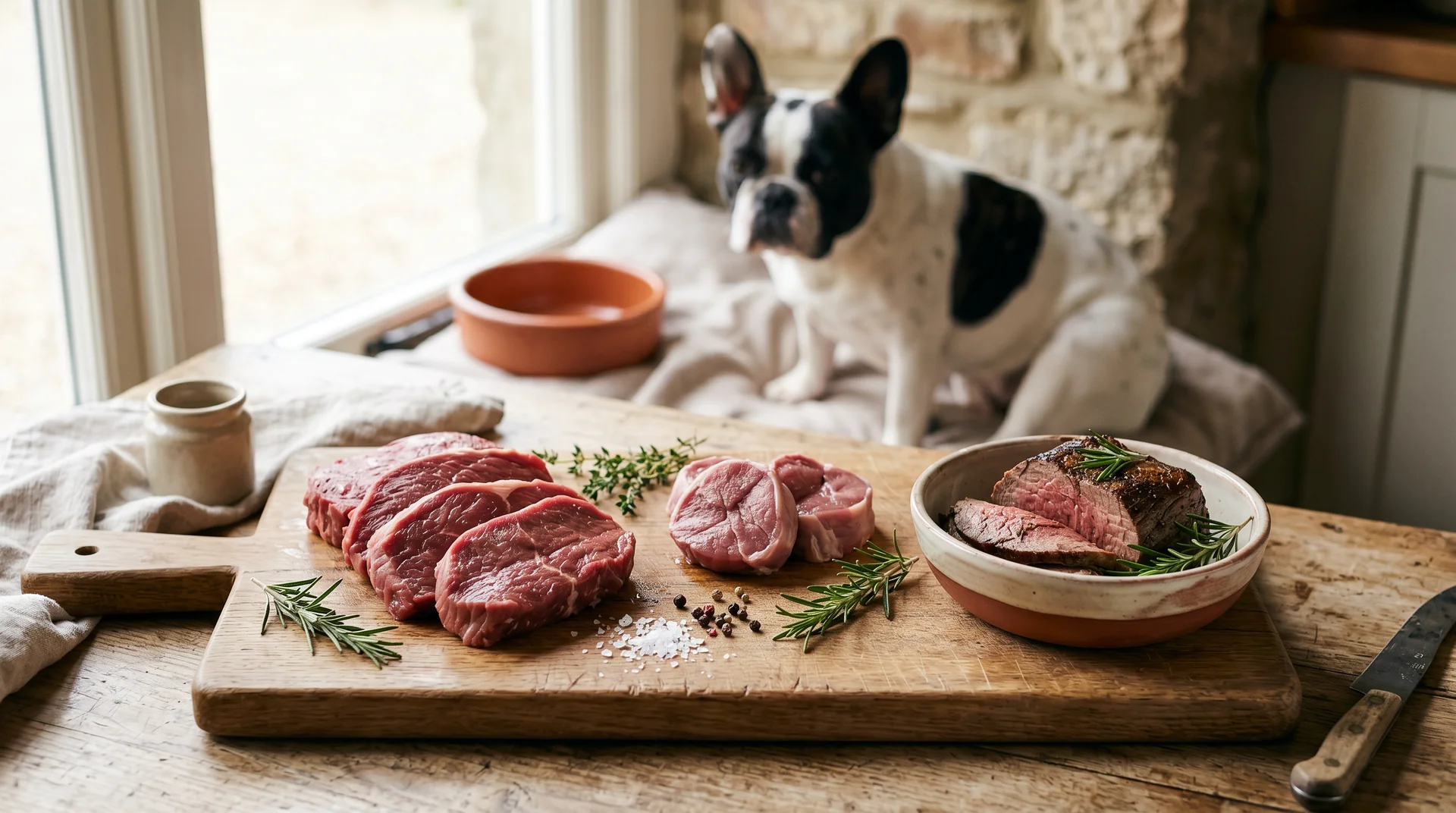 Tagliere con carne cruda e cotta in cucina rustica, Bouledogue Francese pied sullo sfondo