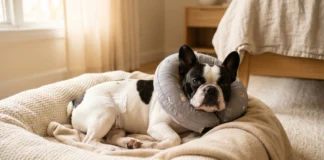 Cura post-operatoria del Bouledogue Francese: cosa aspettarsi Bouledogue Francese pied con collare elisabettiano morbido durante la convalescenza post-intervento