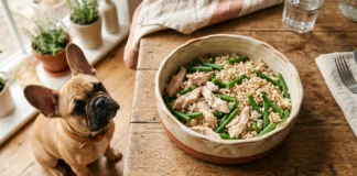 Il Bouledogue Francese può mangiare il pollo? Bouledogue Francese fawn accanto a una ciotola con pollo bollito, riso e fagiolini