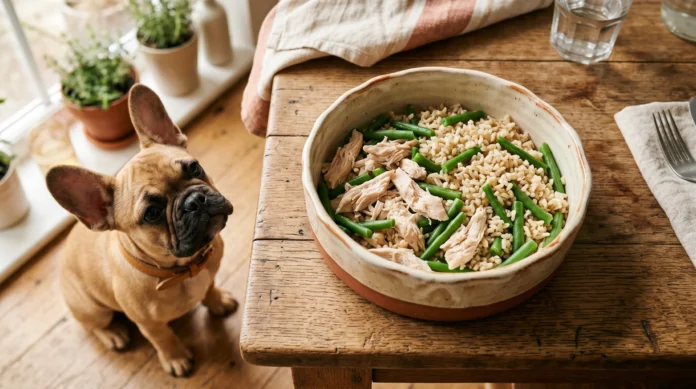 Bouledogue Francese fawn accanto a una ciotola con pollo bollito, riso e fagiolini