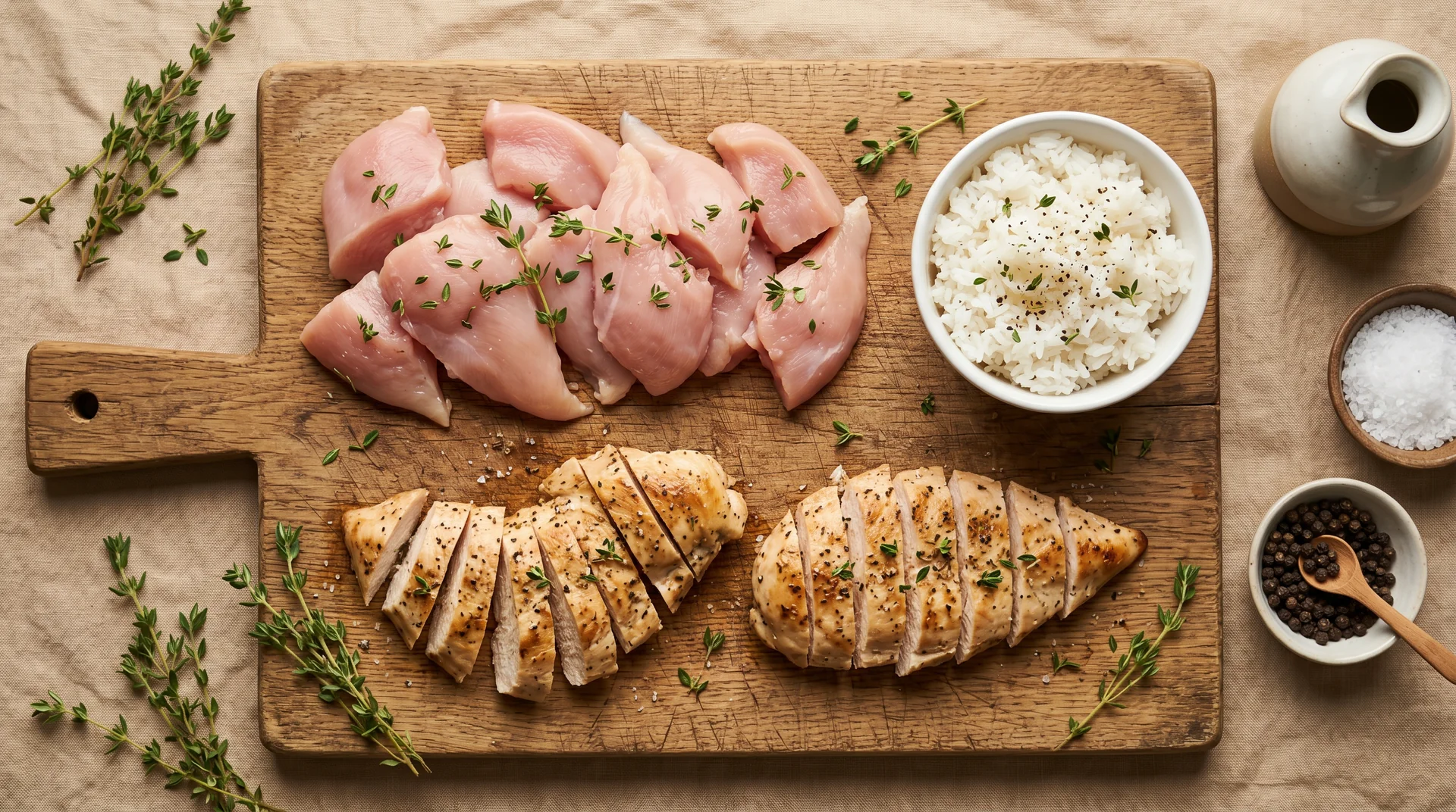 Petto di pollo crudo e cotto su tagliere di legno con riso bianco e timo