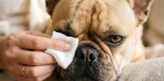 Pulizia delle rughe del muso del Bouledogue Francese: la nostra routine Primo piano del muso di un Bouledogue Francese fawn durante la pulizia delle pieghe cutanee con garza