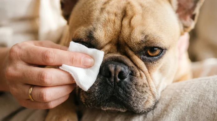 Primo piano del muso di un Bouledogue Francese fawn durante la pulizia delle pieghe cutanee con garza