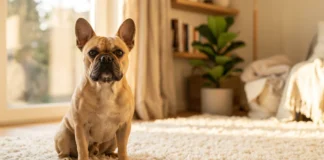 Salute del Bouledogue Francese: la guida completa Ritratto di un Bouledogue Francese fawn in salute seduto su un tappeto in salotto