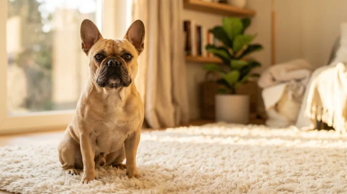 Ritratto di un Bouledogue Francese fawn in salute seduto su un tappeto in salotto