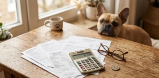 Spese veterinarie 2026: detrazioni, costi e bonus per il tuo cane Scrivania con scontrini veterinari, calcolatrice, occhiali e Bouledogue Francese fawn accanto