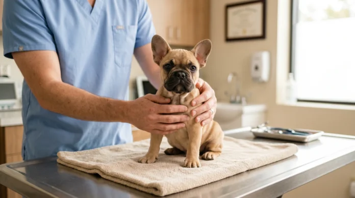 Cucciolo di Bouledogue Francese fawn durante la prima vaccinazione sul tavolo veterinario