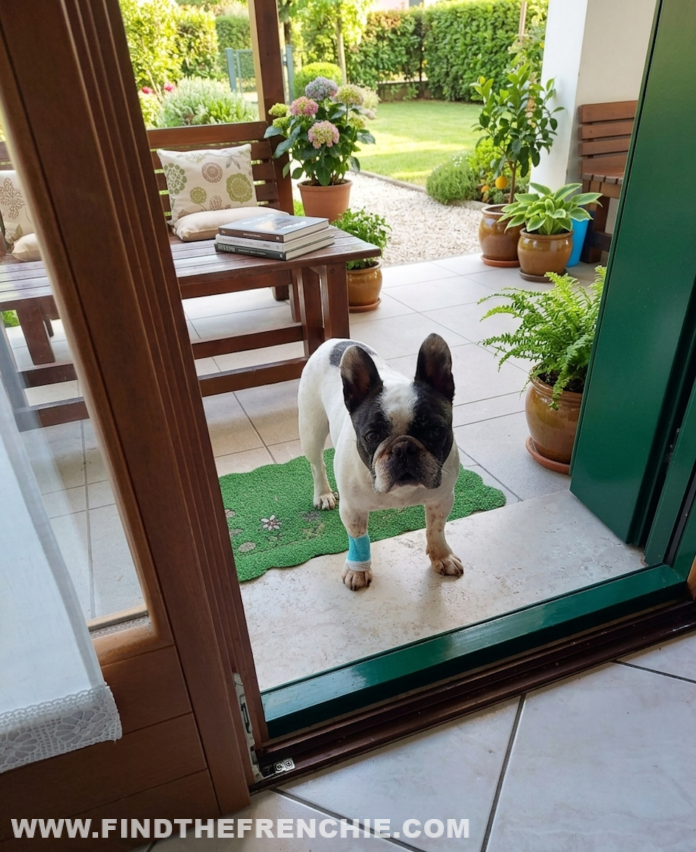 Mia, Bouledogue Francese, con cerotto alla zampa dopo l’operazione ai denti